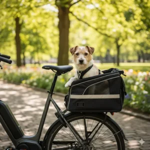 A small dog (terrier) safely secured and sitting up inside a rear dog carrier on an electric bike.
