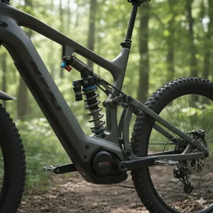 Close-up view of a dual-suspension electric bike's rear shock absorber, highlighting the advanced suspension system.