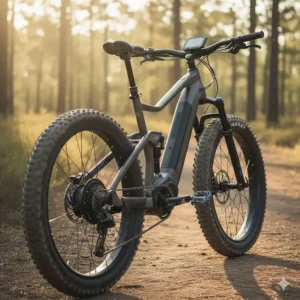  Illustration of the advanced front fork and rear suspension system on a fat tire electric bike, designed to handle rough terrain comfortably.