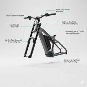 Schematic of a dual-suspension system with strong springs, providing a comfortable ride on electric bikes for heavy riders.