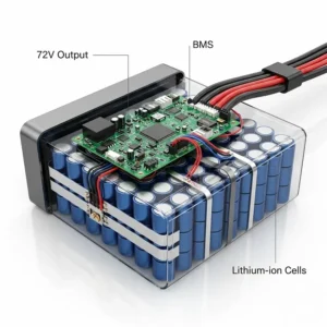 A detailed illustration of a 72V e-bike battery pack, showing its internal cell arrangement and BMS (Battery Management System).