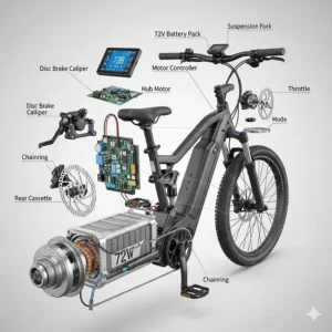 An exploded view diagram of all the essential components of a 72V electric bike, including the battery, motor, and controller.