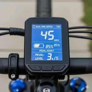 An image of a digital LCD display for a 72V e-bike, showing real-time speed, battery level, and pedal-assist settings.