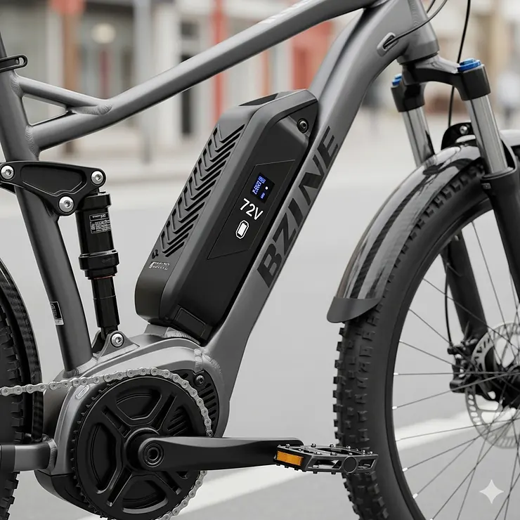 A close-up shot of a powerful electric bike with a prominent 72V battery pack mounted on the frame, highlighting its high-performance capabilities. e bikes 72v