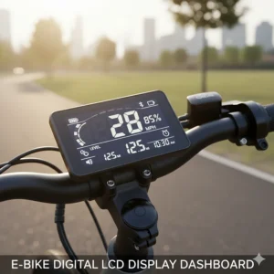 Close-up visual of a smart e-bike's LCD display showing speed, battery life, and mileage data for an informed ride.