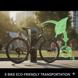 Graphic showing a smart e-bike next to a reduced carbon footprint or a green leaf, symbolizing eco-friendly travel.