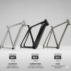 A side-by-side comparison of electric bike frame materials, including aluminum, carbon fiber, and steel, showing their different finishes and how the material affects the bike's weight and durability.