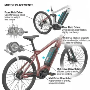 A visual guide showing different motor placements on an electric bike frame, including hub-drive and mid-drive motors, and their impact on performance.