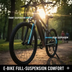 Diagram highlighting the front and rear dual suspension on the smart travel e-bike for a comfortable ride across various terrains.