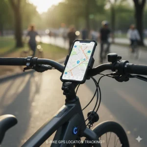 Illustration of a smart travel e-bike's integrated GPS and mobile app, showing real-time location tracking and security features.