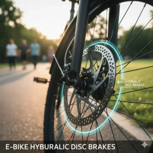 Technical illustration of the dual hydraulic disc brakes, ensuring safe and reliable stopping power for the smart travel e-bike.