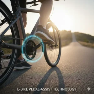 Iconographic representation of the pedal-assist system on a smart travel e-bike, making hills and long distances feel effortless.