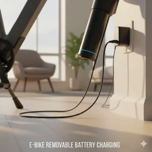 Diagram illustrating a powerful, removable battery being easily charged, emphasizing the long range of the smart travel e-bike.