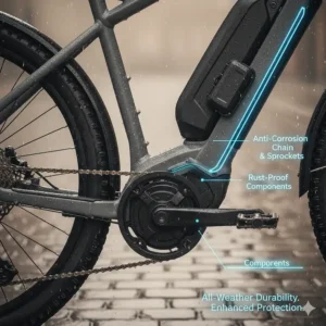 Close-up on the anti-corrosion treated chain and components of the all-weather waterproof electric bike.