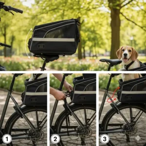 Diagram illustrating the secure installation process for a specialized electric bike dog carrier on the rack.