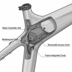 A diagram of the hidden compartment on the electric bike frame kit where the motor controller unit is securely housed, protecting it from the elements.