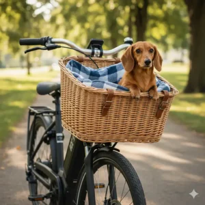 Close-up of a large wicker dog carrier basket mounted on the front handlebars of an electric bike.