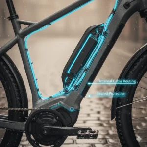 Cross-section showing internal cable routing and protective seals on the waterproof electric bike frame.