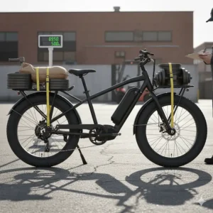 Test image showing the high payload capacity of the electric bike with heavy weights secured on the rack.