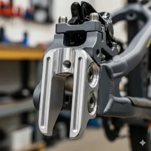 A visual representation of a rear wheel dropout on an electric bike frame kit, specifically designed to accommodate a powerful hub motor for easy conversion.