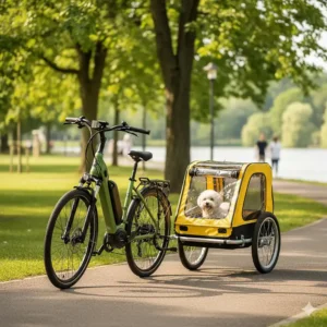 An illustration showing an electric bike pulling a fully enclosed, weather-proof dog carrier trailer.