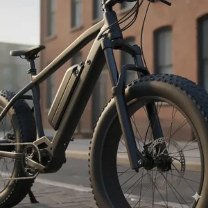 Close-up of the reinforced frame and robust front suspension on the heavy duty electric bike.