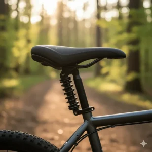 Image of a suspension seat post and a wide ergonomic saddle, improving comfort on an ebike for heavy riders.