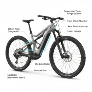 Technical diagram illustrating the components and travel of a high-quality electric bike with full suspension.