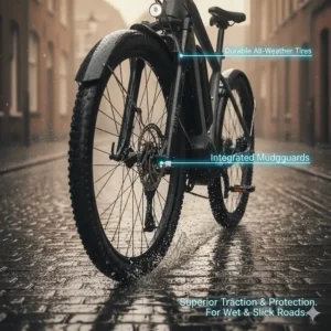 Durable tires and integrated mudguards on the waterproof electric bike, perfect for riding on wet or slick roads.