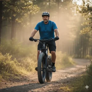 Silhouette of a heavy adult rider on an ebike with an upright, relaxed riding posture, indicating a comfortable geometry.