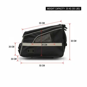 Technical drawing displaying the dimensions and weight capacity of a sturdy electric bike dog carrier.