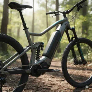 Shows the integration of the large battery pack into the frame near the high-performance suspension system of an e-bike.