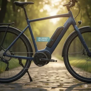 Illustration of a low, center-of-gravity battery placement on an electric bike, optimizing stability when carrying a child.