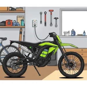 An illustration showing an electric dirt bike being charged from a standard household outlet, emphasizing the convenience of home charging.