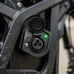 The convenient and easily accessible charging port for a 48 volt electric dirt bike, ready for a quick recharge.