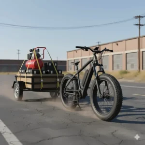 A powerful electric bike pulling a small utility trailer with heavy equipment.