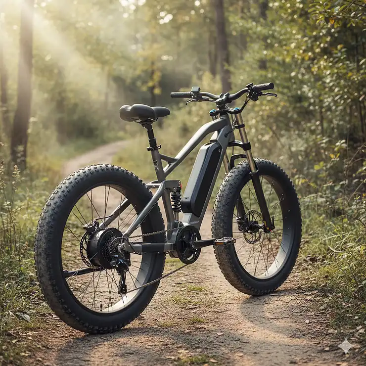 A powerful fat tire electric bike with a reinforced frame, designed specifically for heavy riders, parked on a dirt trail.