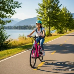 A teenage girl with a backpack smiles as she rides a pink electric bike down a bike path, showing the appeal of these bikes to all genders.