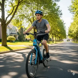 A teenage boy in a helmet rides a sleek blue electric bike on a sunny suburban street, showcasing a fun and safe way to travel.