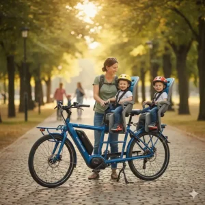 Long-tail cargo electric bike with two child seats on the rear deck, ideal for transporting multiple children.