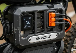 A close-up of the high-capacity lithium-ion battery on an affordable electric dirt bike.