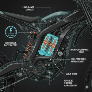 An illustration showing the high-capacity battery pack of an electric dirt bike, emphasizing its long-range capabilities and quick-charging features.