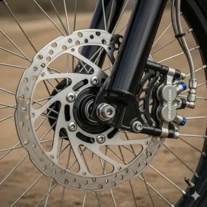 The powerful hydraulic disc brakes on the 72 volt electric dirt bike, showcasing the ventilated rotors and calipers for superior stopping power.