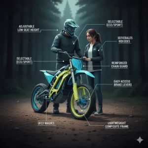 A close-up of an electric dirt bike's handlebars, showing the digital display, throttle, and brake levers, which are key components of top-rated electric dirt bikes.