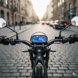 A rider's view from the handlebars of an electric dirt bike, showing the digital display and controls.