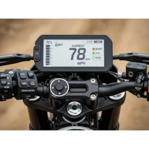 The digital cockpit and controls of the 72 volt electric dirt bike, including the display showing speed, battery life, and ride modes.