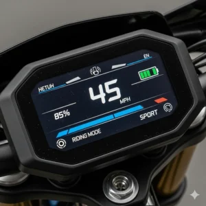 A clear view of the digital dashboard of an electric dirt bike, showing key information such as speed, battery life, and riding mode.