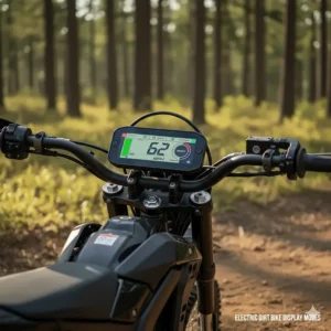 Digital display showing selectable power modes and battery life on a sophisticated electric dirt bike for adults.
