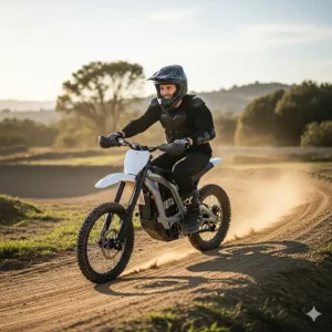 A beginner rider demonstrating the ease of handling an electric dirt bike, showing its ergonomic design.