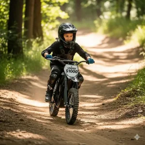 A beginner rider safely navigating a simple trail on an electric dirt bike under $1000, illustrating its suitability for new users.